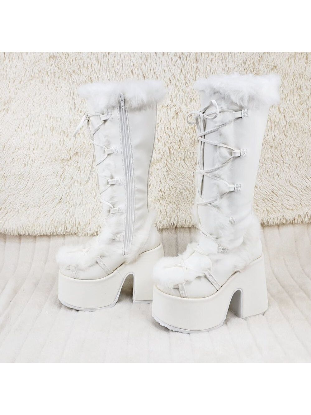 Camel 311 White furry goth punk Platform Knee Boot